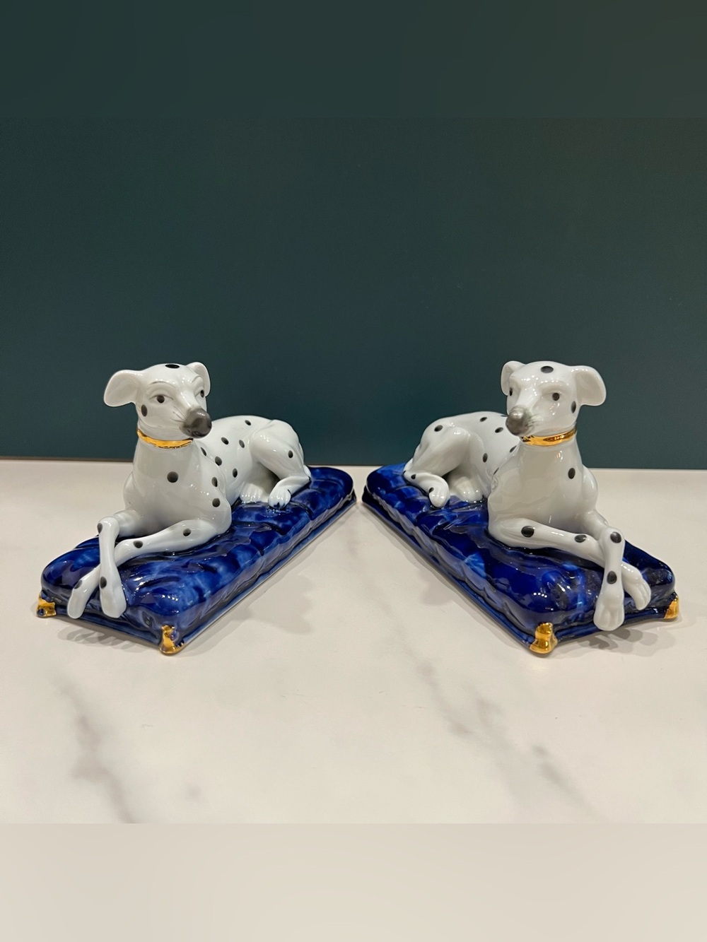 Vintage Staffordshire Style Dalmatian Dogs Porcelain Figurines w/ Blue Base